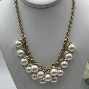 J. Crew Gold-Tone‎ Faux Pearl Rhinestone Dangle Cluster Statement Necklace